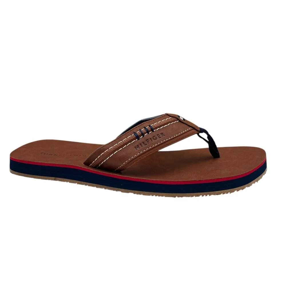 Tommy Hilfiger Mens Destino Thong Sandal‎ Size 9 Brown Faux Leather Flexible